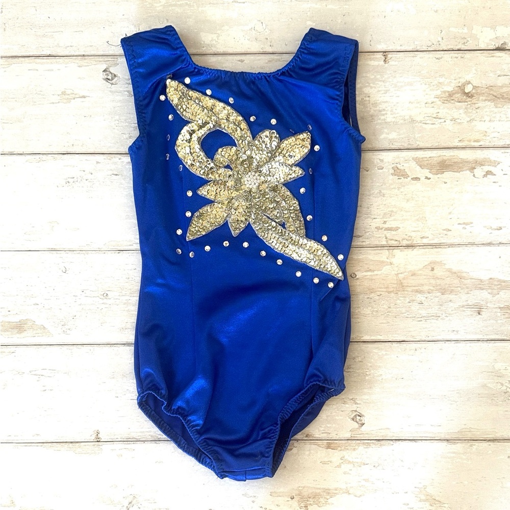Girls Dance Baton Etc Costume Leotard Blue w/ Silver Flower Detail Size 10